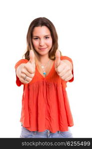 Beautiful young woman signaling ok, isolated over white