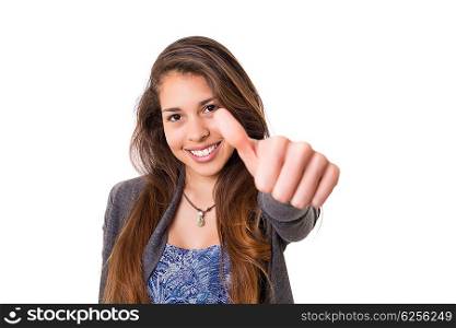 Beautiful young woman signaling ok, isolated over white