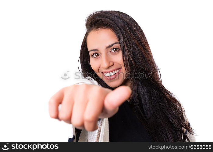 Beautiful young woman signaling ok, isolated over white