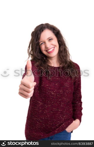 Beautiful young woman signaling ok, isolated over white