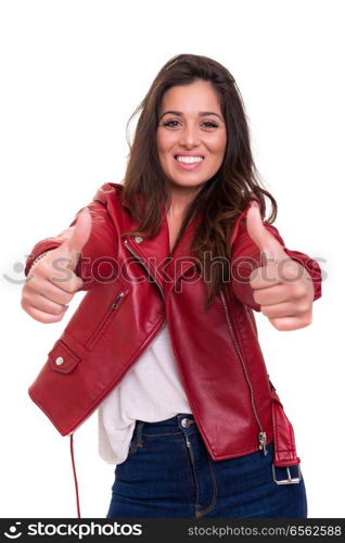 Beautiful young woman signaling ok, isolated over white