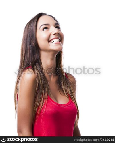 Beautiful young woman smiling and looking up, isolated over white background