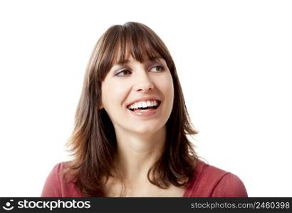 Beautiful young woman smiling, isolated on a white background