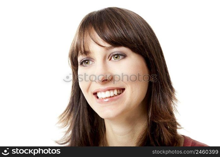 Beautiful young woman smiling, isolated on a white background