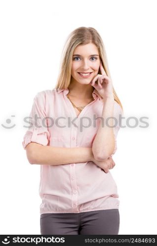Beautiful young woman smiling, isolated over a white background