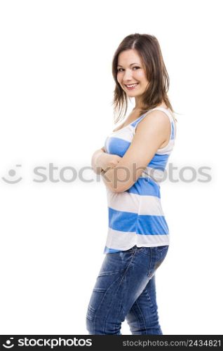 Beautiful young woman smiling, isolated over white background