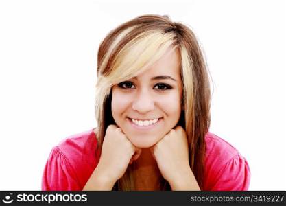 Beautiful young woman smiling. Isolated over white background