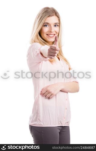 Beautiful young woman smiling with thumbs up, isolated over a white background