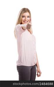 Beautiful young woman smiling with thumbs up, isolated over a white background