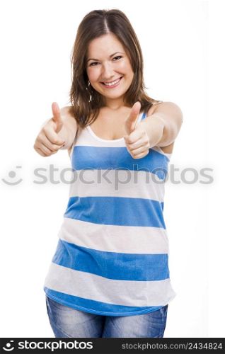 Beautiful young woman smiling with thumbs up, isolated over white background