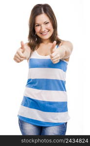 Beautiful young woman smiling with thumbs up, isolated over white background