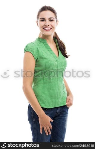 Beautiful young woman smilling, isolated over a white background