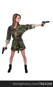 Beautiful young woman soldier with a gun