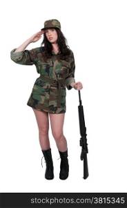 Beautiful young woman soldier with a M16 rifle