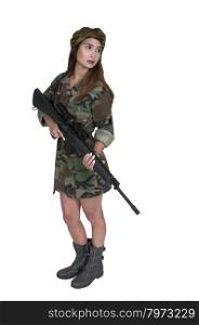 Beautiful young woman soldier with a M16 rifle