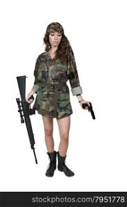 Beautiful young woman soldier with a M16 rifle and a pistol