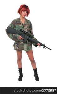 Beautiful young woman soldier with a rifle