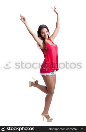 Beautiful young woman standing with arms open, isolated over a white background