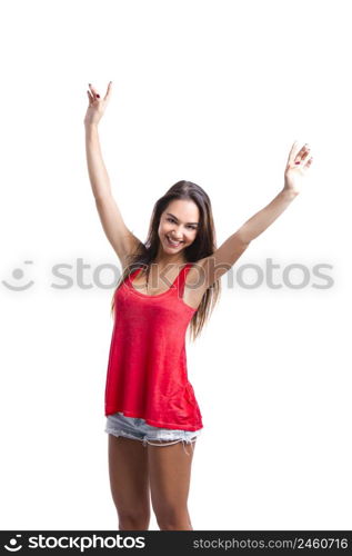 Beautiful young woman standing with arms open, isolated over a white background