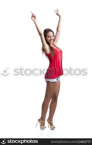 Beautiful young woman standing with arms open, isolated over a white background