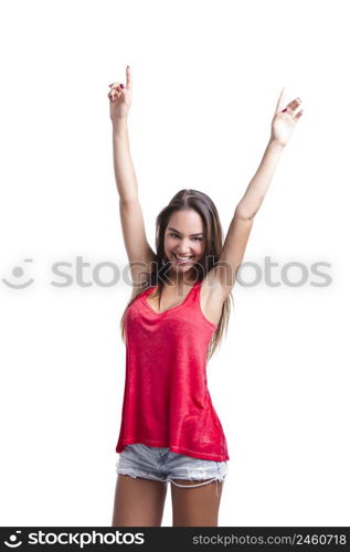 Beautiful young woman standing with arms open, isolated over a white background