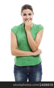 Beautiful young woman stressed and anxious, isolated over white background