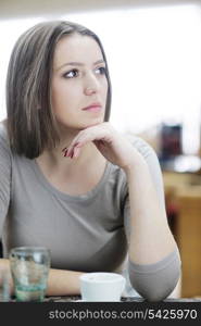 beautiful young woman student portrait while relax on coffee break