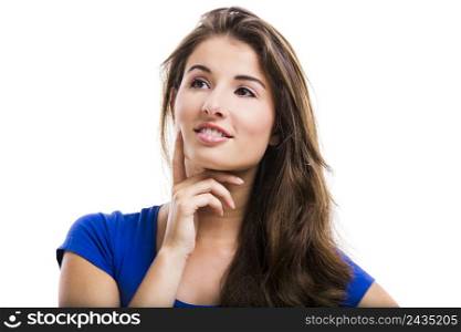 Beautiful young woman thinking in something, isolated over a white background