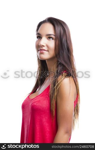 Beautiful young woman thinking in something, isolated over a white background