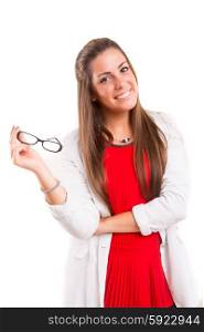 Beautiful young woman wearing glasses, isolated over copy space background