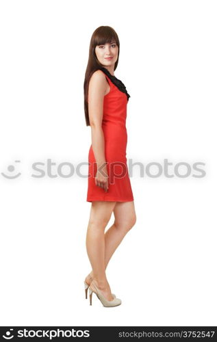 Beautiful young woman wearing red dress isolated on white