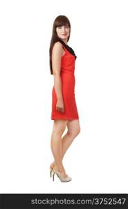 Beautiful young woman wearing red dress isolated on white