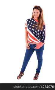 Beautiful young woman wearing United States of America shirt