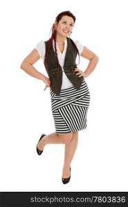 Beautiful young woman wearing vest and striped skirt isolated on white background