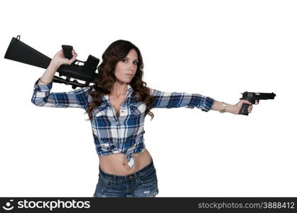 Beautiful young woman with a pistol and rifle