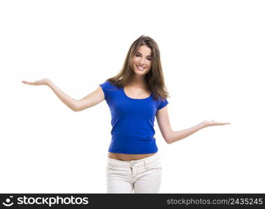 Beautiful young woman with arms open making a scale, isolated over a white background