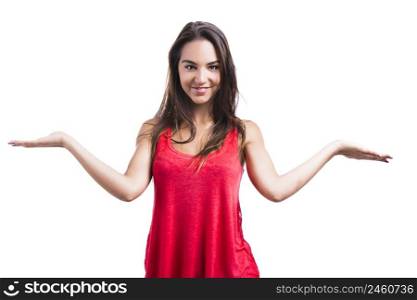 Beautiful young woman with arms open making a scale, isolated over a white background