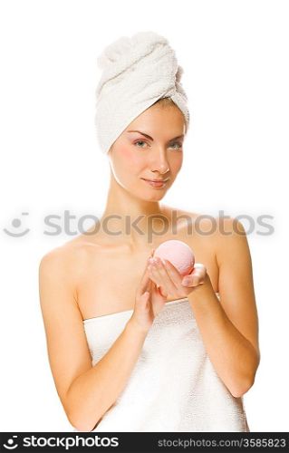 Beautiful young woman with aroma bath ball isolated on white background