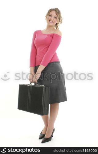 Beautiful young woman with briefcase over white background. Wearing sweater and skirt.