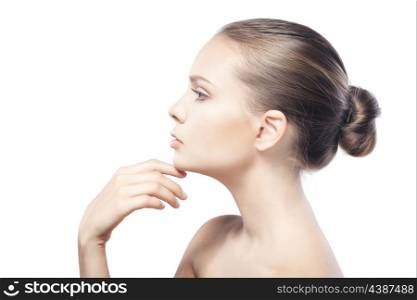 beautiful young woman with clean skin isolated on white background&#xA; and copyspace