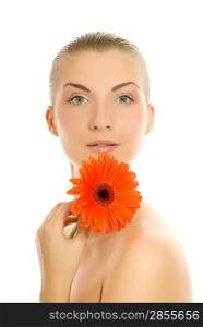 Beautiful young woman with gerbera flower isolated on white background