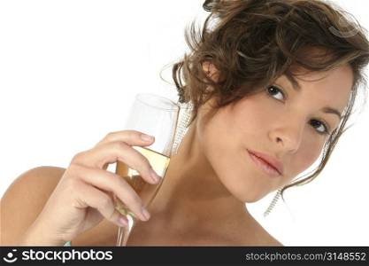 Beautiful young woman with glass of champagne. Shot in studio over white.