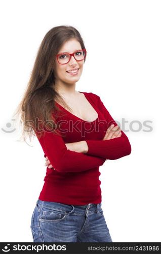 Beautiful young woman with hands folded and smiling, isolated over a white background