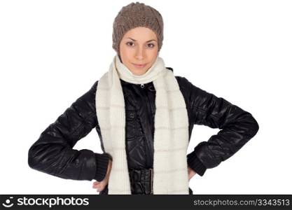 Beautiful young woman with hands on hips pose and casual winter clothing, isolated on white background.