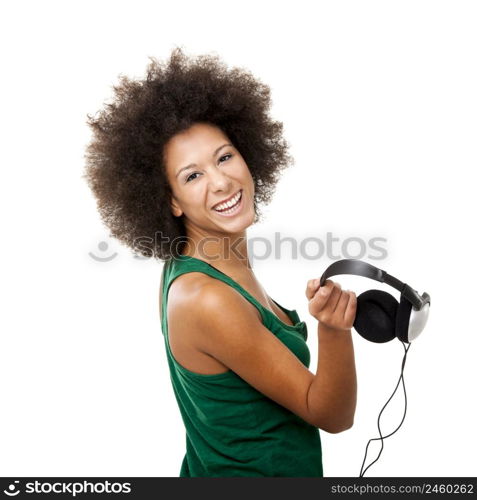 Beautiful young woman with headphones, isolated on white background
