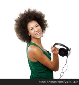 Beautiful young woman with headphones, isolated on white background