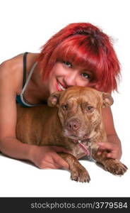 Beautiful young woman with her pit bull mix dog