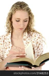 Beautiful young woman with long curly blonde hair holding open book. Shot in studio over white.