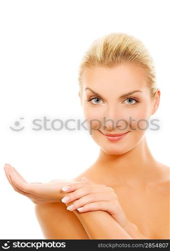 Beautiful young woman with outstretched hand