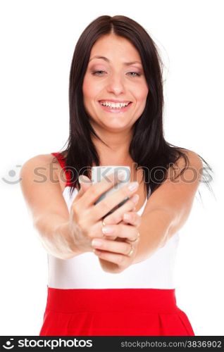 beautiful young woman with phone isolated on white